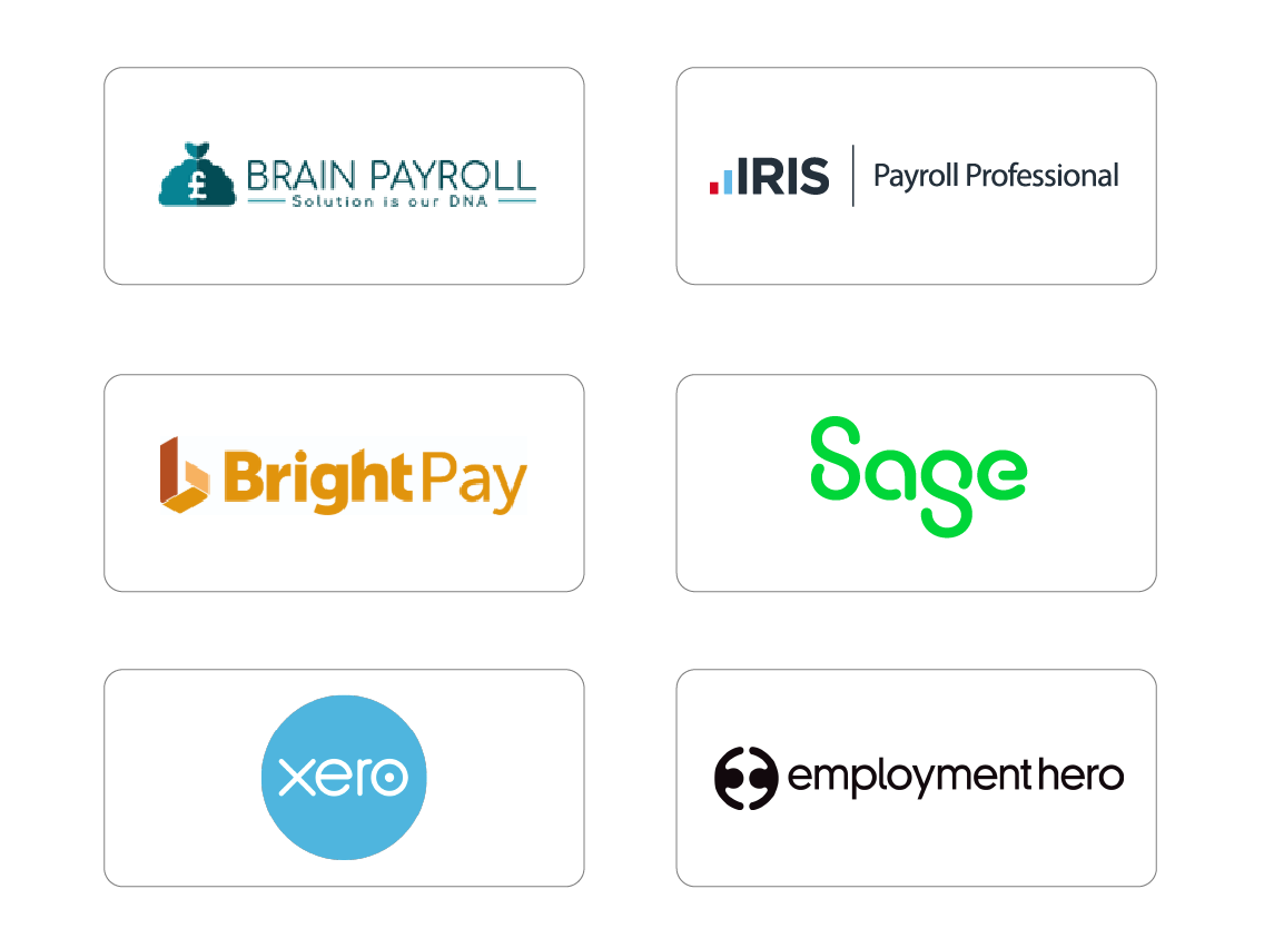Payroll software logo examples, Brain payroll, Iris, Brightpay, Sage, Xero and employment hero.